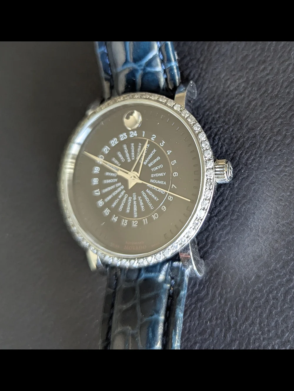 Movado Black Dial World Time Watch with DIAMOND Bezel